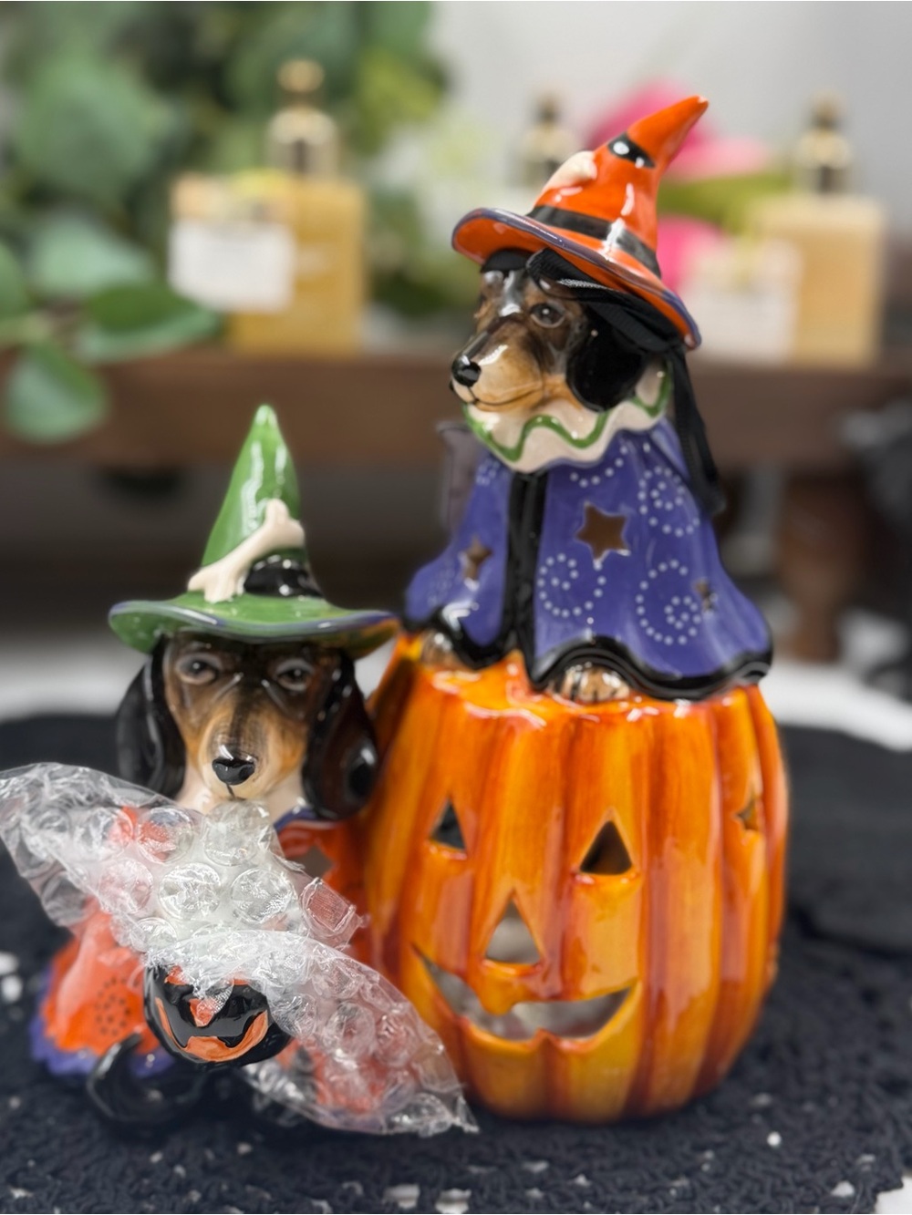 htf blue sky clayworks harry & hermione dachshunds halloween tealight holder